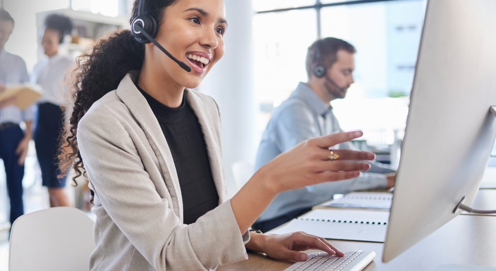 Customer service, woman and speaking in call center with consultant online for technical support, a